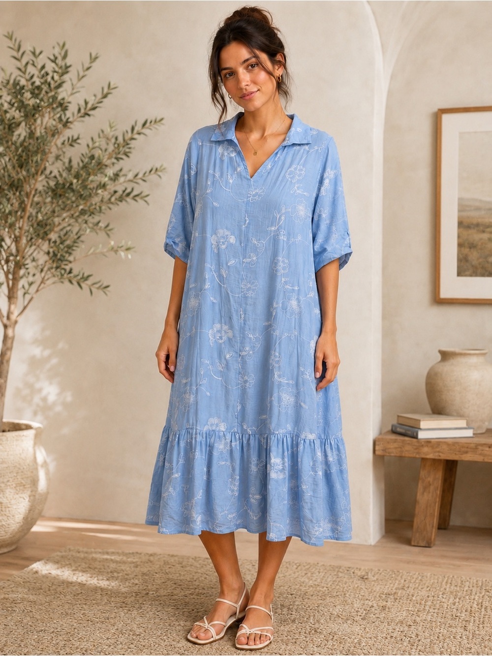 SHEIN Blue Floral Embroidered Midi Dress Collared Boho Cottagecore XL